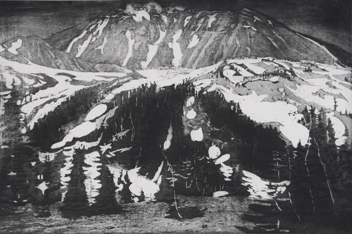 etching titled Approaching North Sister