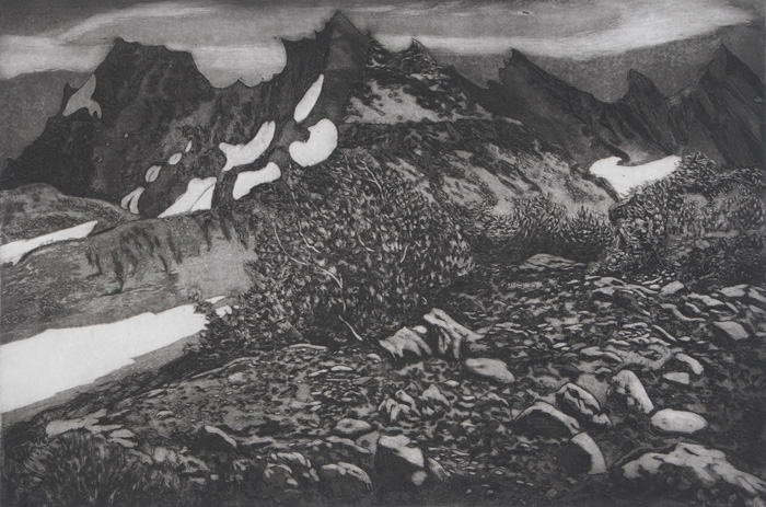 etching titled Ascending Broken Top